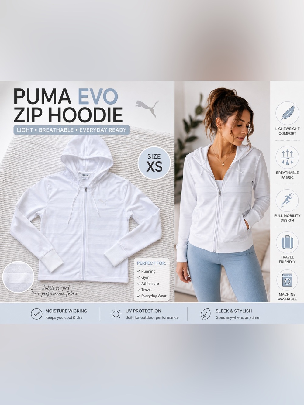 Puma EVO White Zip Hoodie XS Lightweight Athleisure Jacket Running Gym